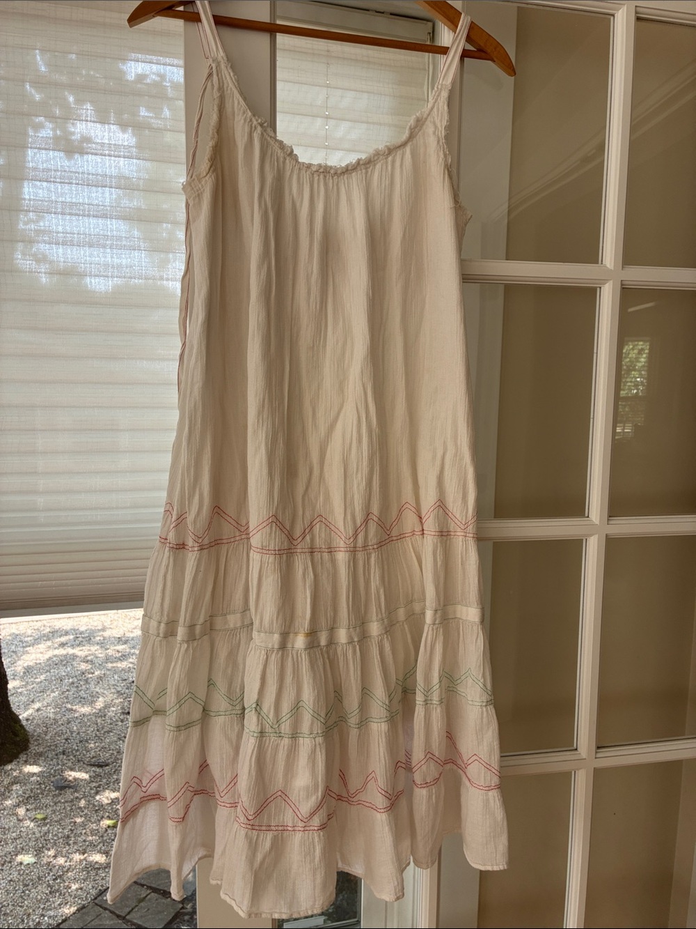 Cream Tiered Midi Sundress with Pink & Green Embroidered Trim